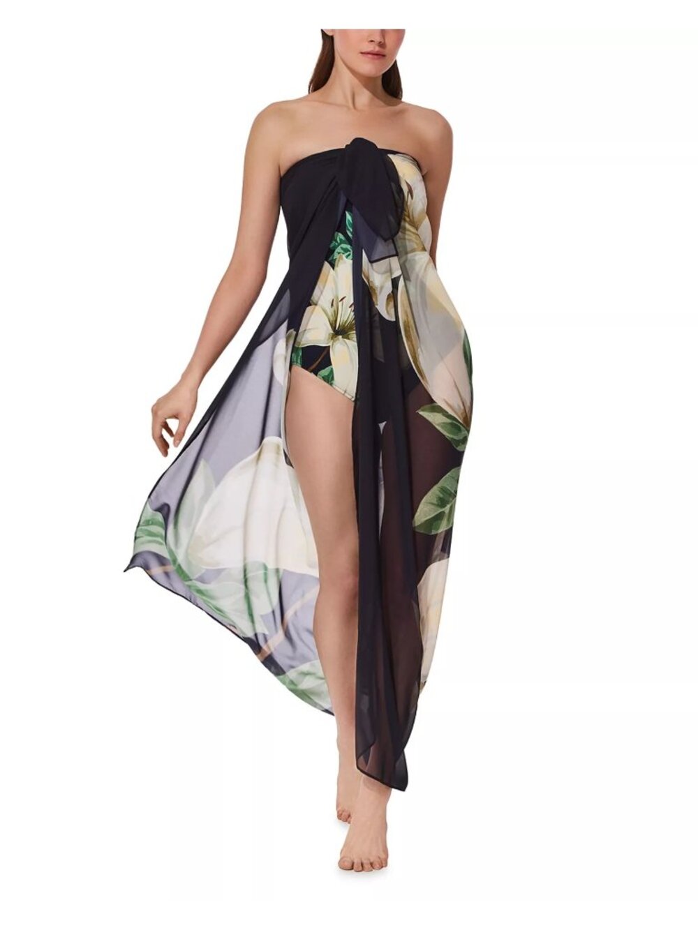 NWT Gottex Yuri Flower Pareo Swim Cover-Up Black Cream Size One Size